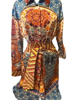 KAS Designs Boho Printed Long Sleeve Dress Colorful Belted